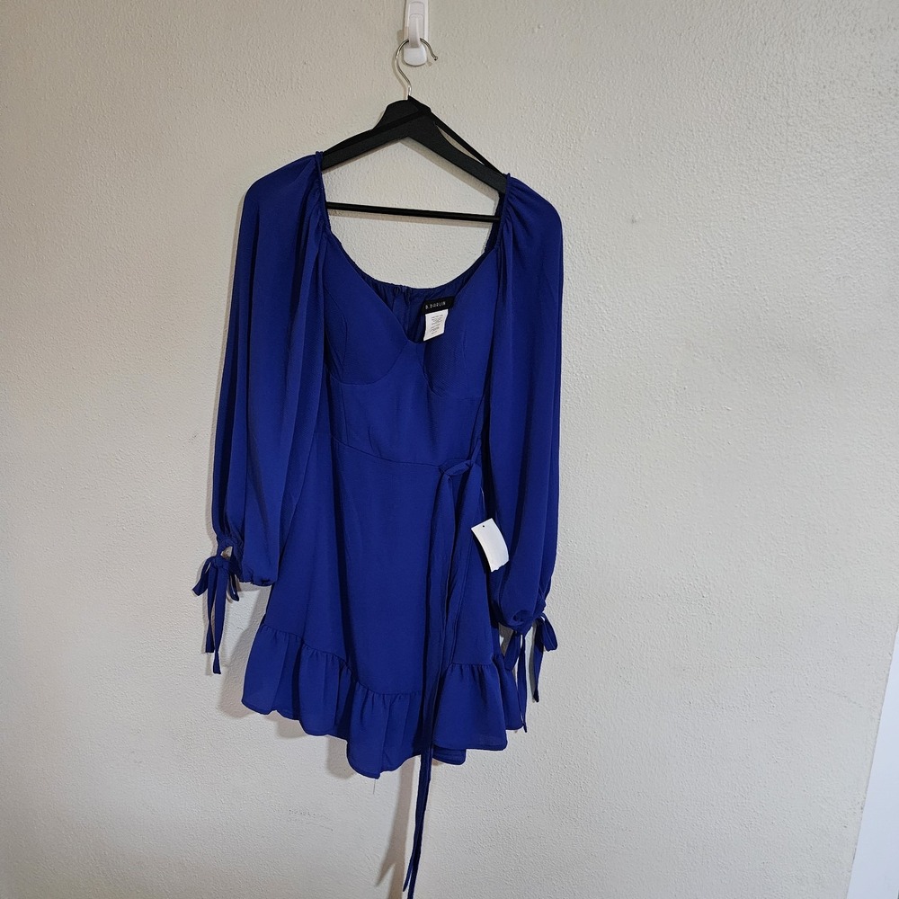 B. Darlin Royal Blue Long Sleeve Tie Cuff Ruffle Mini Dress Juniors 9/10 NWT